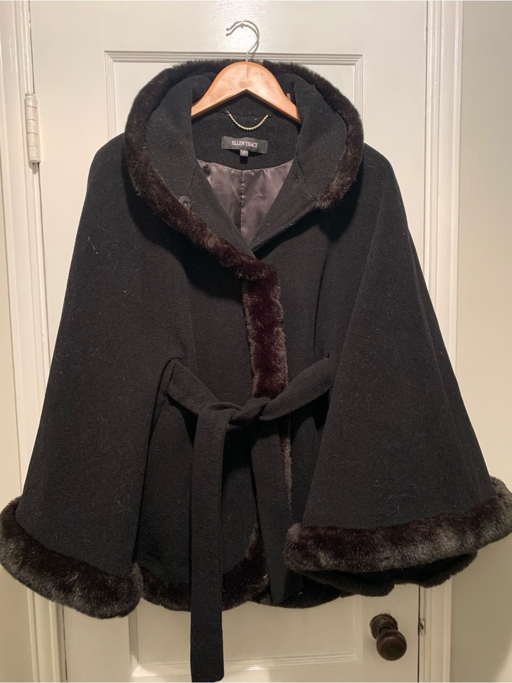 ELLEN TRACY Faux Fur Trimmed Wool Blend Cape Coat - Picture 2 of 16